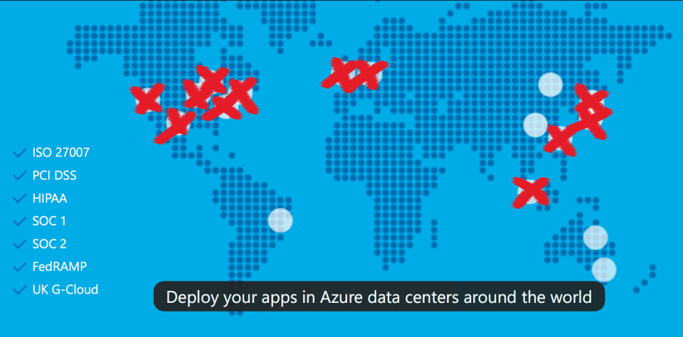HELE VERDEN: Onsdagens Azure-krasj berørte de aller fleste av Microsofts datasentre. (Foto: Skjermbilde fra Microsoft, montasje: Computerworld)