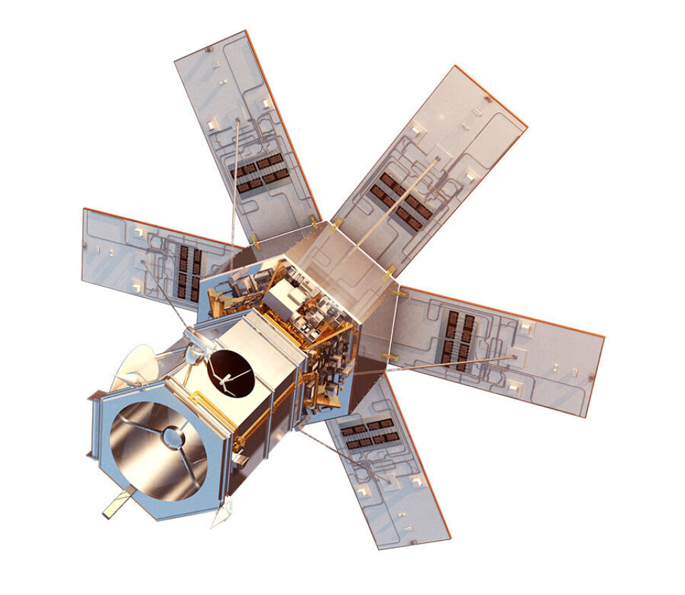 MISTET: Dette er Worldview-4 som nylig har mistet en gyro. Det gjør satellitten ubrukelig, selv om resten av satellitten er i skjønneste orden. (Ill: digitalglobe.com)