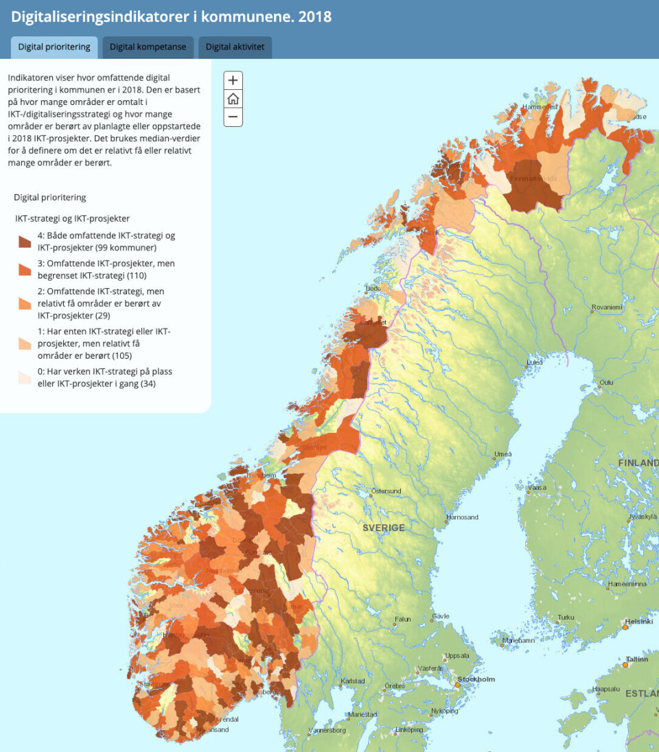 KOMMUNE-IT: Det er store forskjeller mellom kommunene når det kommer til digitalisering, viser SSBs nye rapport. (Ill: Skjermbilde fra tjenesten) KOMMUNE-IT: Det er store forskjeller mellom kommunene når det kommer til digitalisering, viser SSBs nye rapport. (Ill: Skjermbilde fra tjenesten)