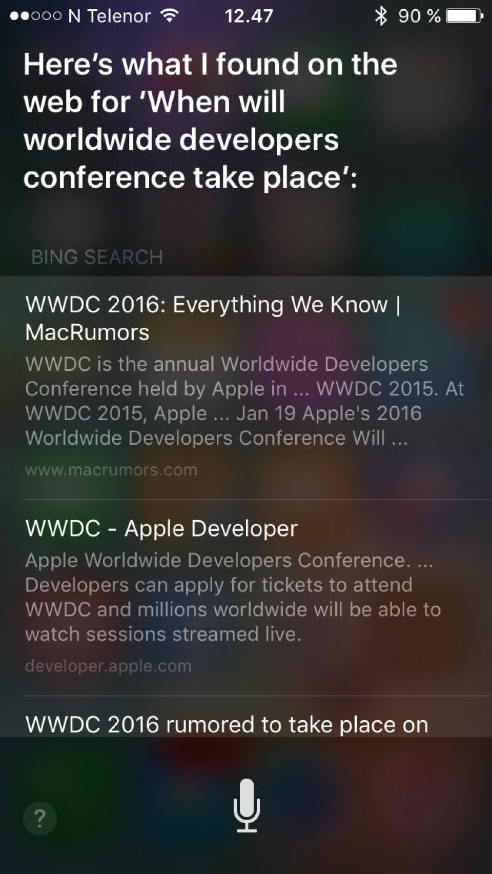 Siri henviste Macworld.no til Macrumors for mer informasjon om Apples utviklerkonferanse.