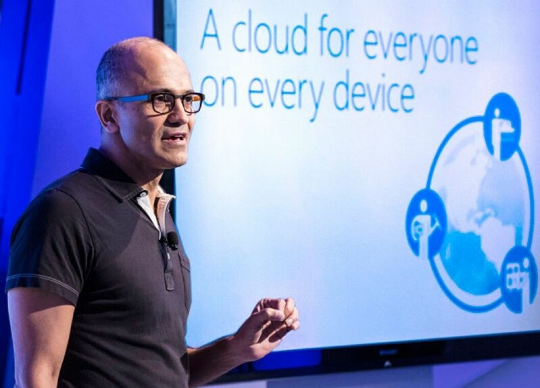 VIL UT I SKYEN: Microsoft skal være interessert i å kjøpe Salesforce, her ved Microsofts toppsjef Santya Nadella. 