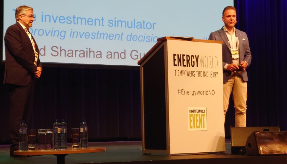 NYE VERKTØY: Skyen gir nye og sterkere verktøy til de som forvalter nasjonens økonomiske arv etter olje-eventyret, fortalte Yazid Sharaiha, Head of Systematic and Portfolio Strategies og Gunnar Lunde, Lead Solution Architect under åpningen av Energyworld i Stavanger i dag. (Foto: Anders Løvøy) NYE VERKTØY: Skyen gir nye og sterkere verktøy til de som forvalter nasjonens økonomiske arv etter olje-eventyret, fortalte Yazid Sharaiha, Head of Systematic and Portfolio Strategies og Gunnar Lunde, Lead Solution Architect under åpningen av Energyworld i Stavanger i dag. (Foto: Anders Løvøy)