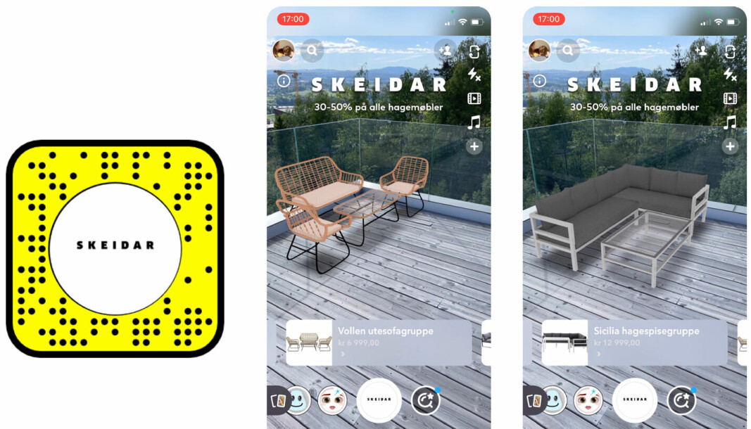 PRØV MØBLER: Med den nye linsen i Snapchat kan du prøve møblenme på verandaen før du kjøper. (Foto: Skeidar)