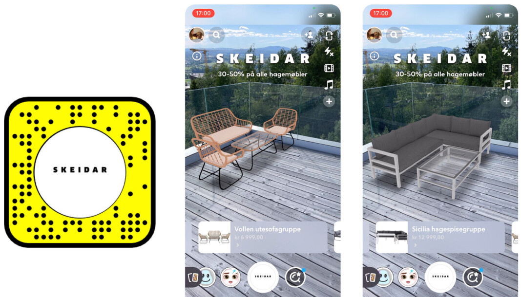 PRØV MØBLER: Med den nye linsen i Snapchat kan du prøve møblenme på verandaen før du kjøper. (Foto: Skeidar) PRØV MØBLER: Med den nye linsen i Snapchat kan du prøve møblenme på verandaen før du kjøper. (Foto: Skeidar)