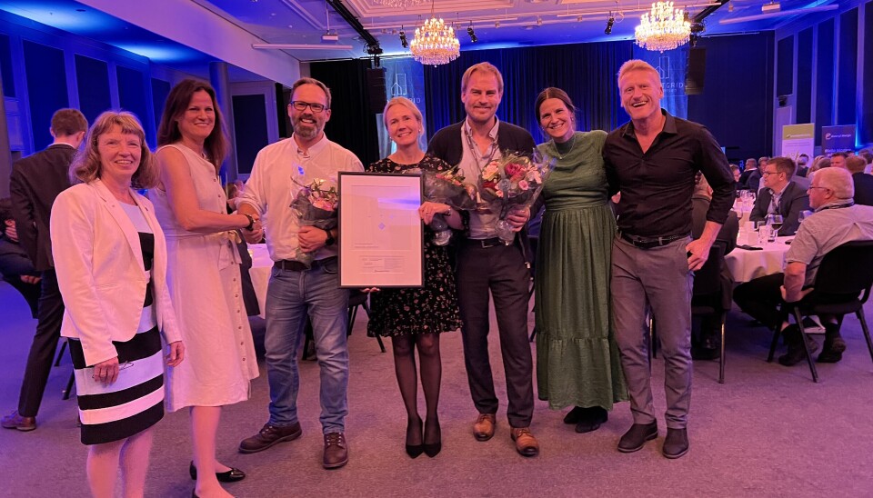 PRISUTDELING: Innovasjonsprisen deles ut. Fra venstre, Sonja Berlijn juryleder, Jun Elin Wiik direktør for Smartgridsenteret, Alf Tunheim prosjektleder Elvia, Anne Nysæther direktør nettstrategi i Elvia, Stein Arne Riis teknisk sjef i OSO Energi, Åshild Vatne, FoU-leder Elvia og Bjørn Viljugrein, pilotansvarlig Elvia. (Foto: Sintef) PRISUTDELING: Innovasjonsprisen deles ut. Fra venstre, Sonja Berlijn juryleder, Jun Elin Wiik direktør for Smartgridsenteret, Alf Tunheim prosjektleder Elvia, Anne Nysæther direktør nettstrategi i Elvia, Stein Arne Riis teknisk sjef i OSO Energi, Åshild Vatne, FoU-leder Elvia og Bjørn Viljugrein, pilotansvarlig Elvia. (Foto: Sintef)