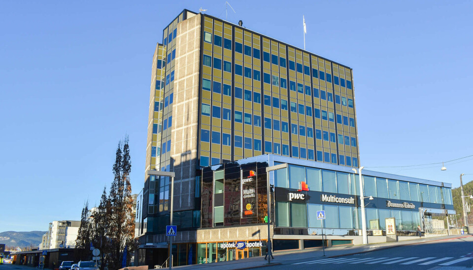 TICON-BYGGET: Det 10. etasjes Ticonbygget i Drammen ble oppført i 1962. Nå har bygget fått en digital tvilling. (Alle foto: Multiconsult)