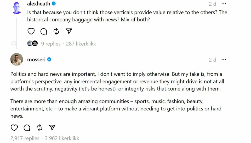 THREADS: The Verges spør Threads-sjef Adam Mosseri om hvorfor tjenesten ikke tilbyr politikk og harde nyheter. (Skjermdump fra diskusjonen på Threads). Threads-samtale mellom Alex Healt, the Verge, og Threads- og Instagram-sjef Adam Mosseri.