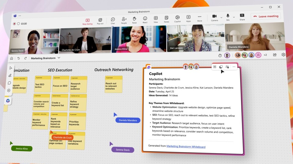 COPILOT: Ved lanseringen av Copilot i mars 2023 ble blant annet denne whiteboard-fremstillingen av en brainstorming vist. (Foto: Microsoft). Whiteboard i Microsoft Copilot ved lanseringen i mars 2023.