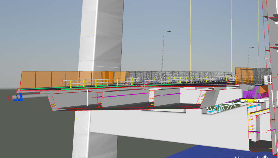 Tverrsnitt gjennom brotårn og viadukt Knarrvika, sett fra Knarrvika mot Drotningsvik. På bildet fra BIM-modellen til Norconsult ser man flere av detaljene i modellen, blant annet spennarmering, avfuktningsanlegg, ulike kjøresterke rekkverk, støyskjermer og klatresikkert rekkverk. Illustrasjon: Norconsult/Nordic Tverrsnitt gjennom brotårn og viadukt Knarrvika, sett fra Knarrvika mot Drotningsvik. På bildet fra BIM-modellen til Norconsult ser man flere av detaljene i modellen, blant annet spennarmering, avfuktningsanlegg, ulike kjøresterke rekkverk, støyskjermer og klatresikkert rekkverk. Illustrasjon: Norconsult/Nordic
