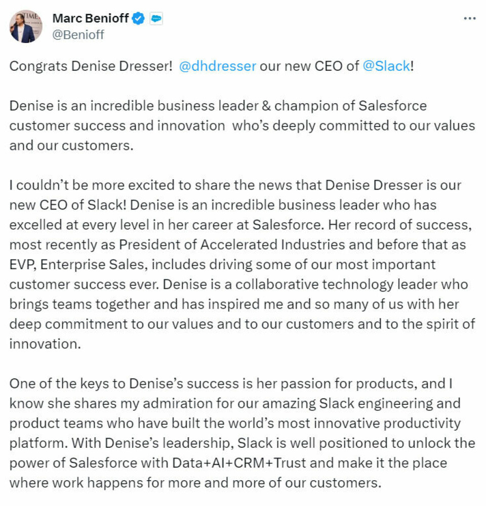 Dette skriver Salesforce-sjef Marc Benioff om Denise Dresser på Twitter/ X. (Skjermdump)