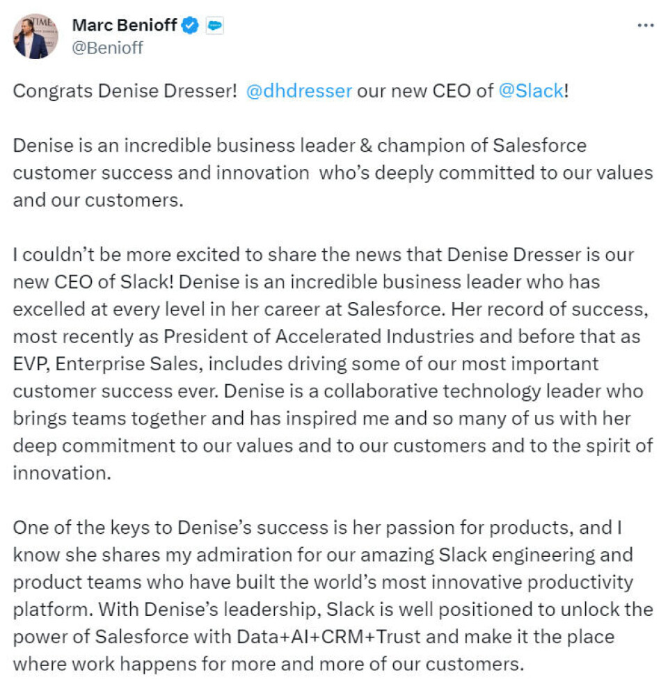 Dette skriver Salesforce-sjef Marc Benioff om Denise Dresser på Twitter/ X. (Skjermdump) Dette skriver Salesforce-sjef Marc Benioff om Denise Dresser på Twitter/ X. (Skjermdump)