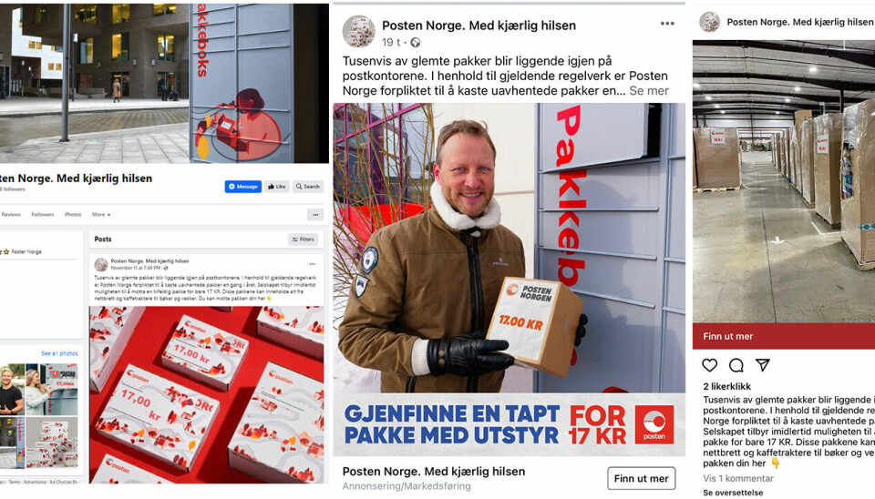 STJÅLET MATERIALE: Svindelsidene har stjålet Posten Brings egne bilder og benytter dem til markedsføring av svindelen. (Foto: Skjermdump Facebook)