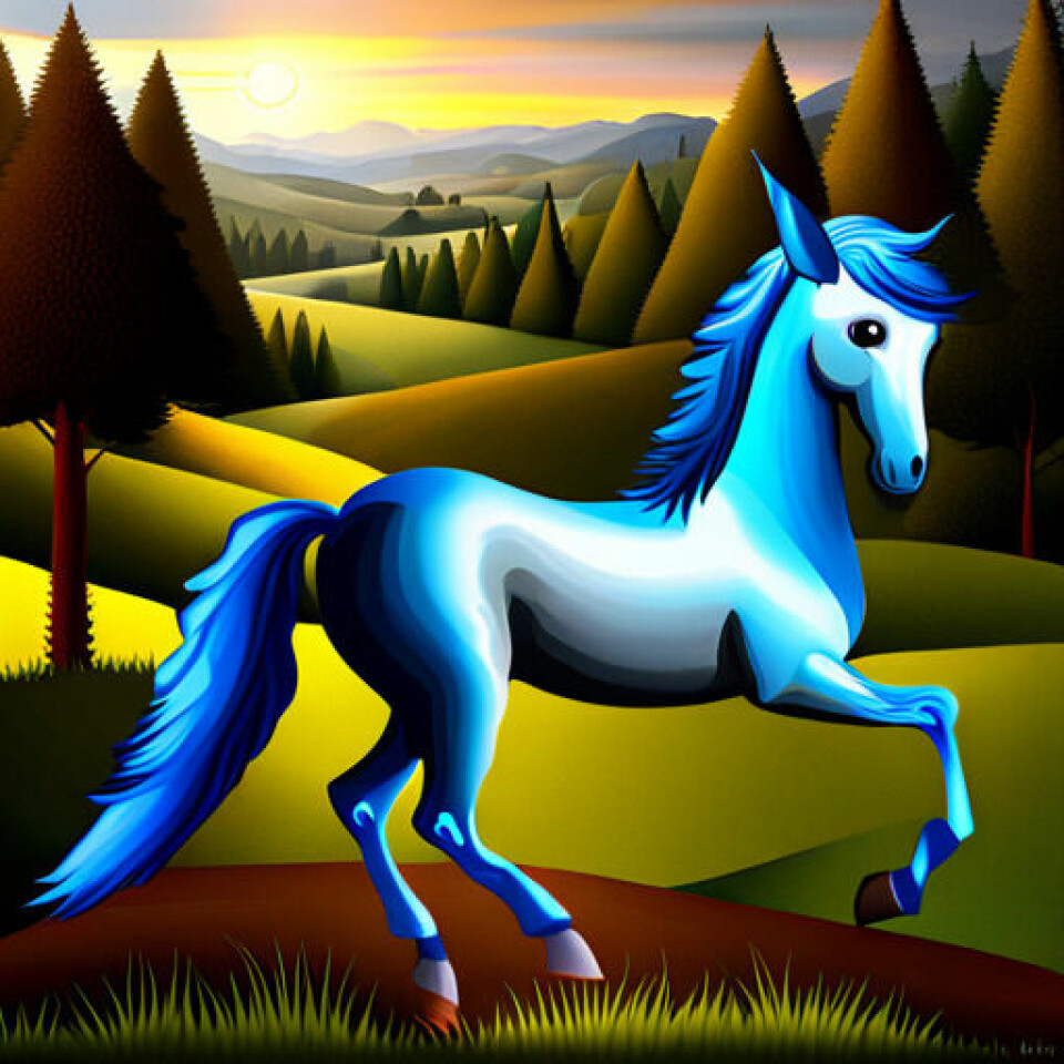 Liten, blå hest laget av Partyrock. AI Kunstig intelligens.