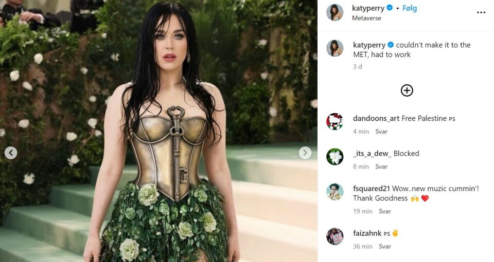 BLE LURT: Selv moren til Katy Perry ble lurt av et KI-skapt bilde av datteren på Met-gallaen. (Skjermdump: Instagram)