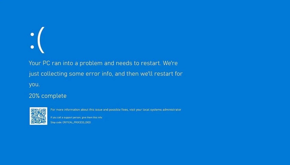 BLÅSKJERM: Dette skjermbildet dukket opp på millioner av pc-er som følge av en feilaktig oppdatering fra Crowdstrike. (Illustrasjon: Skjermdump) BSOD Blue screen of death. Skjermdump.