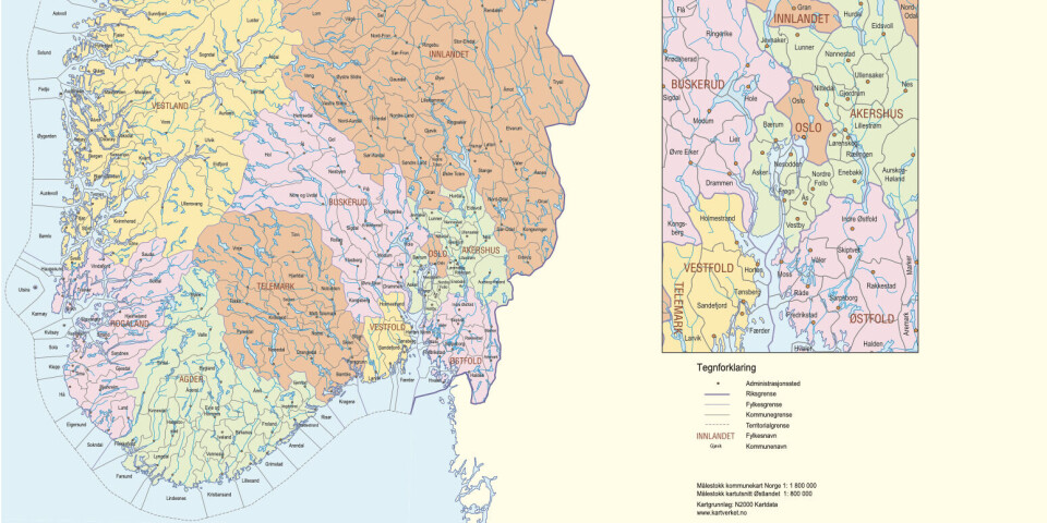 FOR MANGE: Artikkelforfatteren mener det er ineffektivt å drive kommune-Norge med dagens antall kommuner. (Ill. Kartverket)