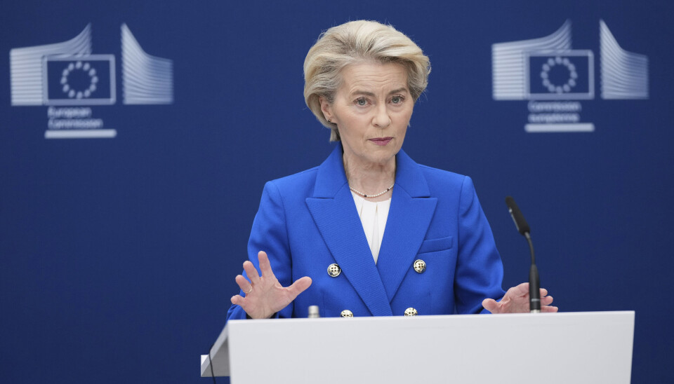 LOVER: EU-kommisjonens president Ursula von der Leyen speaks vil regulere amerikanske tek-giganter. Her fra en konferanse 2. mars i år.