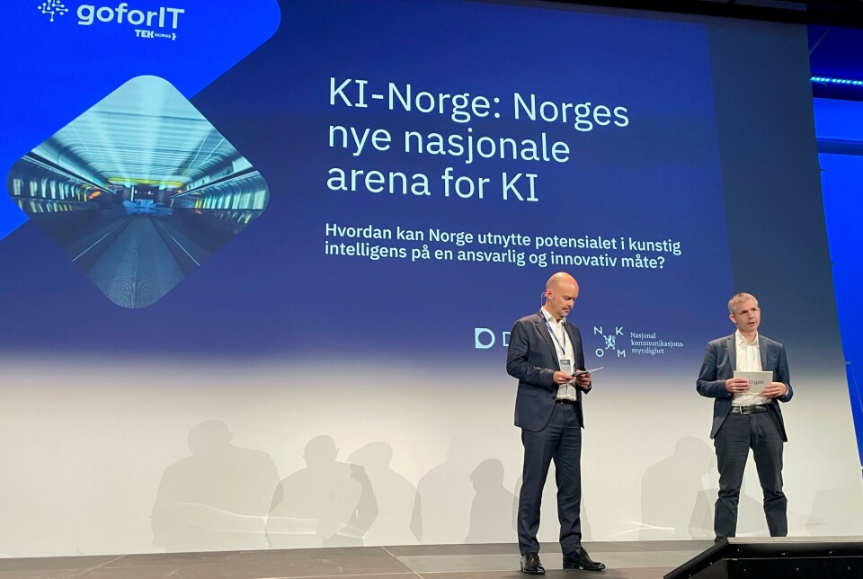 TILTAK: Direktørene (f.v) John-Eivind Velure fra Nkom og Frode Danielsen fra DigDir presenterte det offentlige tiltaket KI-Norge, som fortsatt er i støpeskjeen.