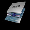 3D-illustrasjon av en AMD EPYC-prosessor over et kretskort på svart bakgrunn.