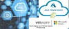 Illustrasjon med skyteknologi, Azure VMware Solution-logoen og VMware- og Microsoft Azure-logoene.