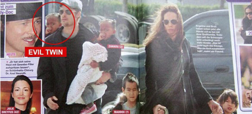PHOTOSHOPPING: Brad Pitt og Angelina Jolie ute og spaserer med barna. En litt mislykket Photoshop-redigering som har fått mye omtale. (PSdisasters.com)