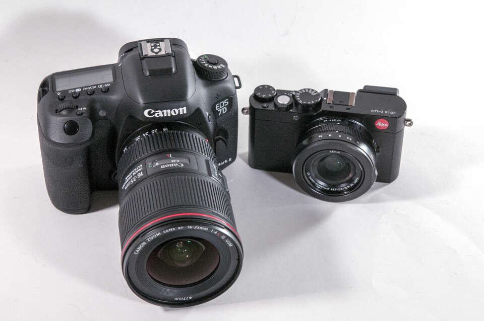 STORT ELLER LITE: Trenger du et fullverdig speilreflekskamera, eller dekkes behovene av nyeste generasjon «proffkompakt»? Her er Canon EOS 7D Mark II og Leica D-Lux Typ 109. (Alle foto: Toralv Østvang)