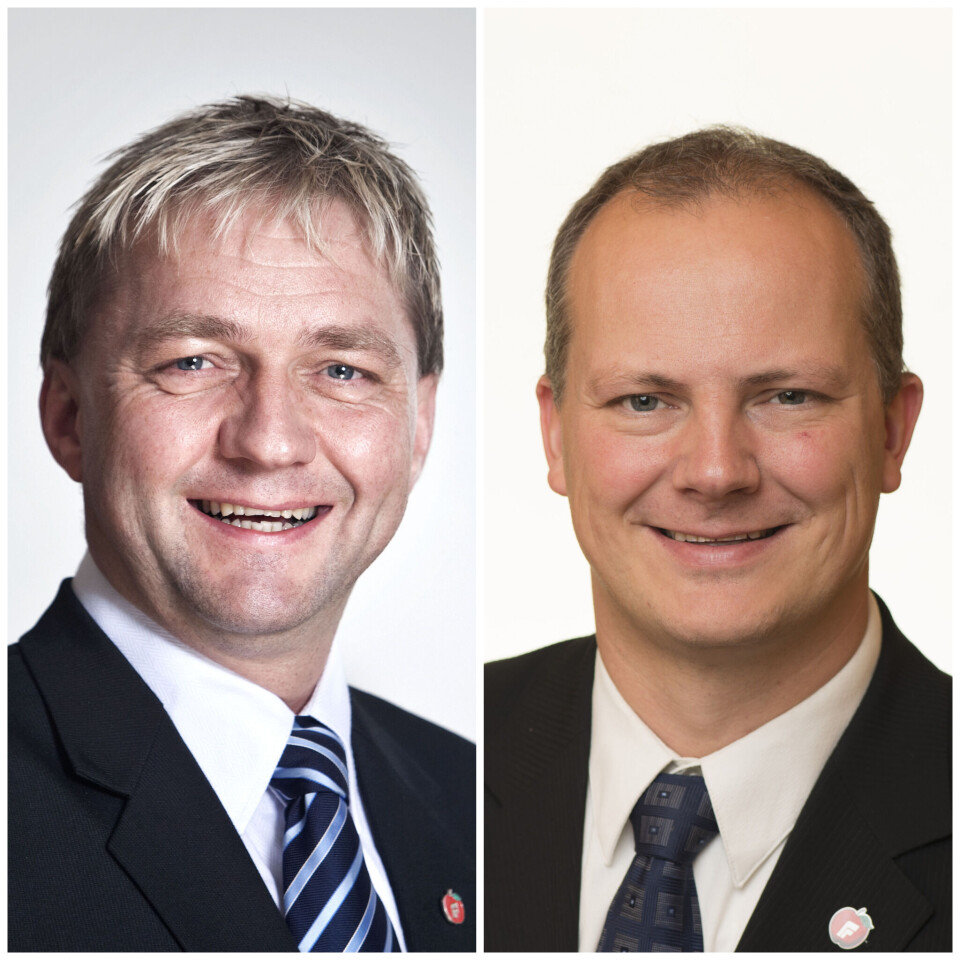 PARTIKNUTE: Mye tyder på at fungerende ordfører Pål Morten Borgli (Frp) i Sandens (t.v.) er mektigere hva graveregime angår enn partifellen samferdselsminister Ketil Solvik-Olsen. (Pressefoto; montasje: Kenneth Christensen)