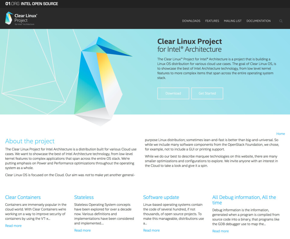 LINUX: Intels Linux-distribusjon er optimalisert for å bruke containere. (Ill: skjermbilde fra hjemmesiden) LINUX: Intels Linux-distribusjon er optimalisert for å bruke containere. (Ill: skjermbilde fra hjemmesiden)