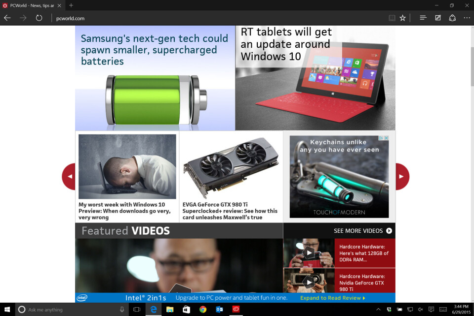 MATCHENDE SORT: Microsoft Edge-nettleseren, her med sorte rammer som matcher oppgavelinjen i Windows 10. (Ill.: Blair Hanley Frank, IDGs nyhetstjeneste)