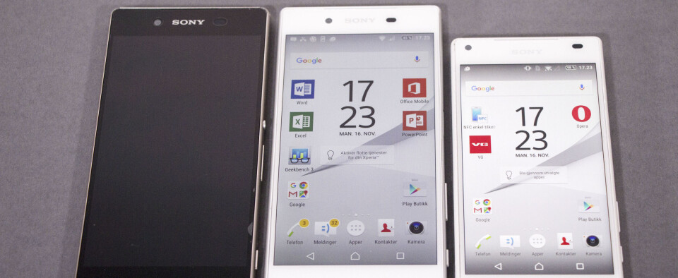 FAMILIEN: Her ser vi forgjengeren Xperia 3+ til venstre, Xperia Z5 i midten og Xperia Z5 Compact til høyre. (Alle foto: Toralv Østvang) FAMILIEN: Her ser vi forgjengeren Xperia 3+ til venstre, Xperia Z5 i midten og Xperia Z5 Compact til høyre. (Alle foto: Toralv Østvang)