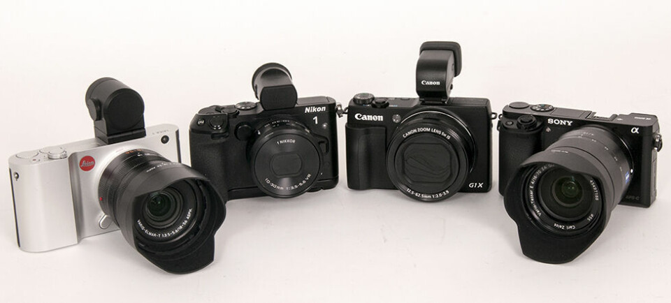 ENTUSIAST-KAMERAER I BESKJEDEN STØRRELSE: Fra venstre Leica T, Nikon 1 V3, Canon G1 X og Sony a6000. (Alle foto: Toralv Østvang)