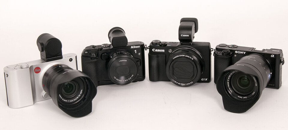ENTUSIAST-KAMERAER I BESKJEDEN STØRRELSE: Fra venstre Leica T, Nikon 1 V3, Canon G1 X og Sony a6000. (Alle foto: Toralv Østvang) ENTUSIAST-KAMERAER I BESKJEDEN STØRRELSE: Fra venstre Leica T, Nikon 1 V3, Canon G1 X og Sony a6000. (Alle foto: Toralv Østvang)