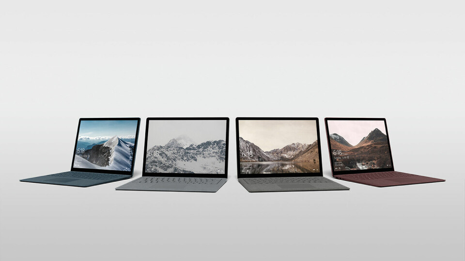 FARGERIK: Nye Surface Laptop kommer i fire forskjellige farger, av disse kommer kun den grå til Norge, foreløpig. FOTO: Microsoft