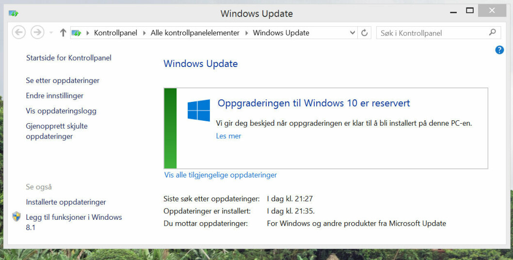 KOMMER I DAG: Windows 10 rulles ut som en oppdatering i Windows Update fra i dag. Illustrasjon: Skjermdump