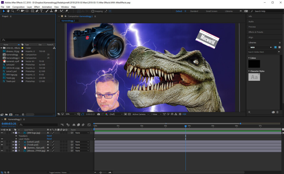 AFTER EFFECTS: Adobe After Effects er kraftig verktøy for effekter og animasjon. (Skjermdump: Toralv Østvang. Dinosaur-bildet: Pixabay.com) AFTER EFFECTS: Adobe After Effects er kraftig verktøy for effekter og animasjon. (Skjermdump: Toralv Østvang. Dinosaur-bildet: Pixabay.com)