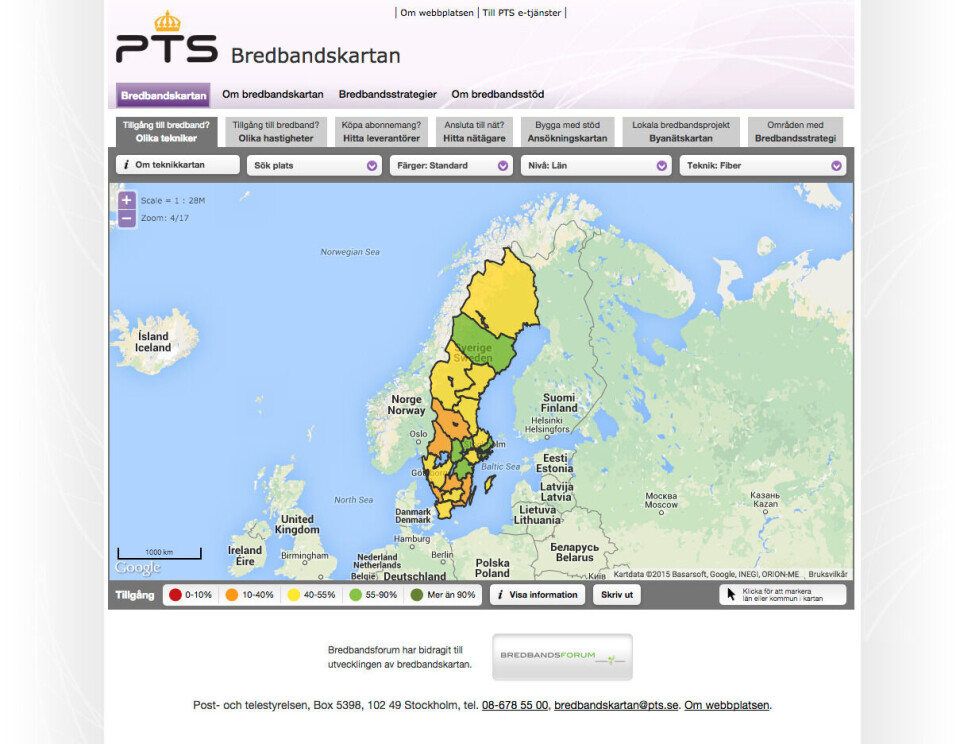 FULL OVERSIKT: På Bredbandskartan finner du deltajert oversikt over tilbudet i Sverige. (Skjermdump: Kenneth Christensen)