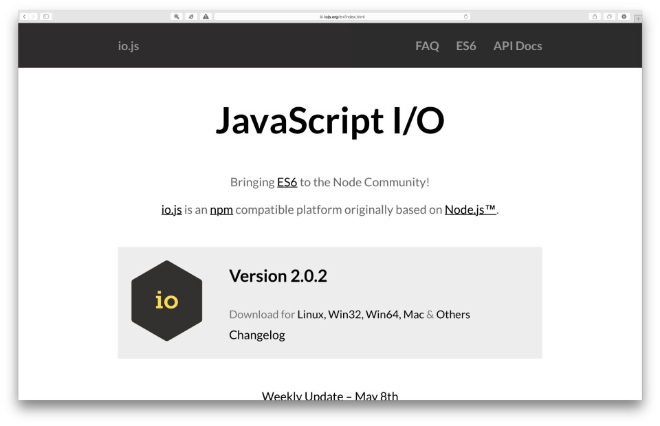 FORK/JOIN: Io.js er nå i ferd med å gjenforenes med Node.js, etter mindre enn ett år adskillelse. (Ill: Skjermbilde fra hjemmesiden)