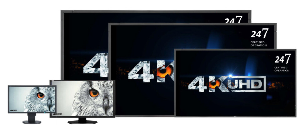 HØY OPPLØSNING: Et utvalg av NECs 4K UHD-skjermer, i størrelser fra 24 til 98 tommer.