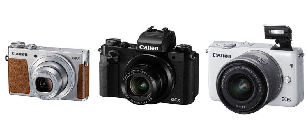 TRE NYE: Fra venstre Canon Powershot GX 9, Canon Powershot GX 5 og Canon EOS M10 med det nye og mer kompakte kit-objektivet. (Foto: Canon) TRE NYE: Fra venstre Canon Powershot GX 9, Canon Powershot GX 5 og Canon EOS M10 med det nye og mer kompakte kit-objektivet. (Foto: Canon)