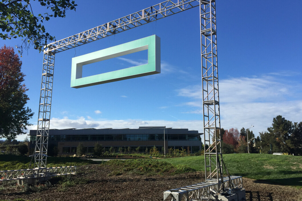 The Element: A temporary Hewlett Packard Enterprise logo was raised at the Palo Alto headquarters to mark the first day of the new company. Credit: HPE