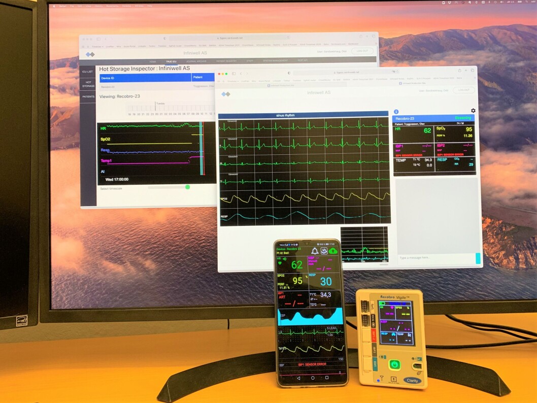 TRØNDERSK PRØVEPROSJEKT: For ett år siden åpnet Telenor 5G-nettet i Trondheim. Nå har de, i samarbeid med Helse Midt-Norge og flere, opprettet et pilotprosjekt for å gjøre sykehuset smartere. På bildet ser du løsningen av Infiniwell der en EKG-måler sender helsedata til mobil over 5G. (Foto: Telenor) TRØNDERSK PRØVEPROSJEKT: For ett år siden åpnet Telenor 5G-nettet i Trondheim. Nå har de, i samarbeid med Helse Midt-Norge og flere, opprettet et pilotprosjekt for å gjøre sykehuset smartere. På bildet ser du løsningen av Infiniwell der en EKG-måler sender helsedata til mobil over 5G. (Foto: Telenor)