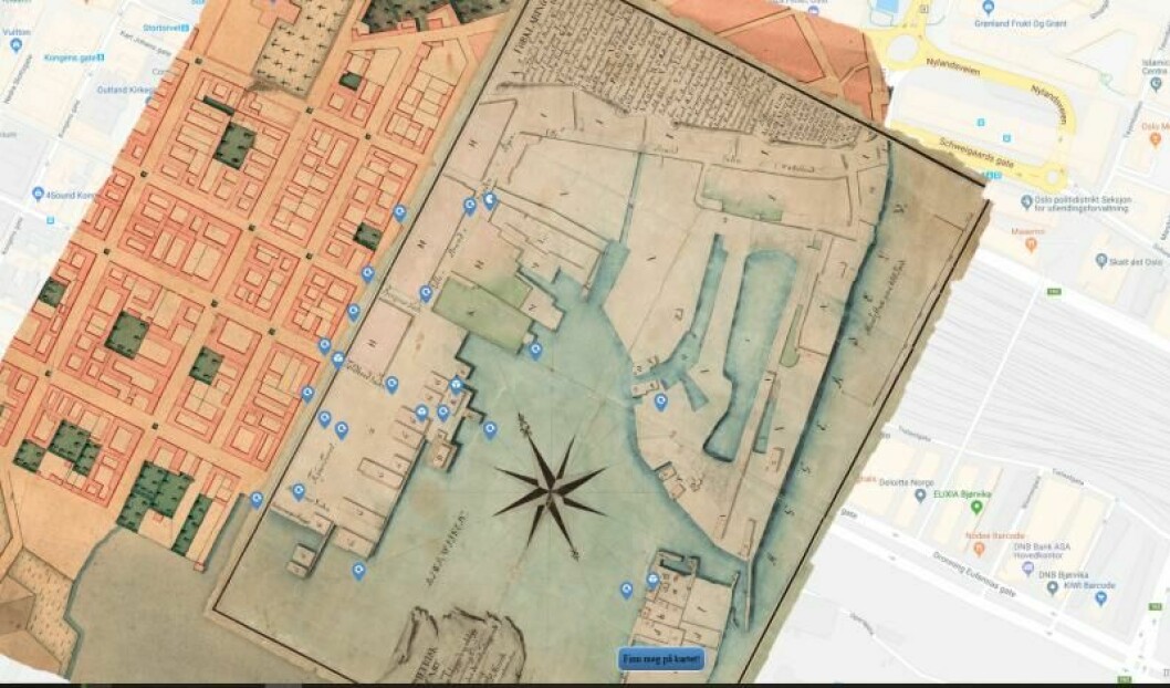 OSLO SENTRUM FØR OG NÅ: Digitaliseringsprosjekt viser Oslo sentrum rundt dagens Oslo S og Operaen slik havna var i 1798. (Illustrasjon: Skjermdump Oslo Havn 1798)