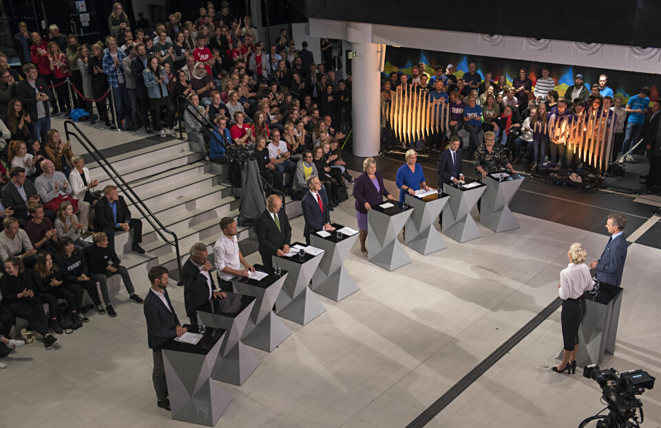 MANGLER REGLER: Ingen av de politiske partiene, her representert ved partilederne i en partilederdebatt i Bergen i 2017, har nedskrevne regler om bruk av persondata for rettete budskap. (Foto: NTB scanpix/Marit Hommedal)