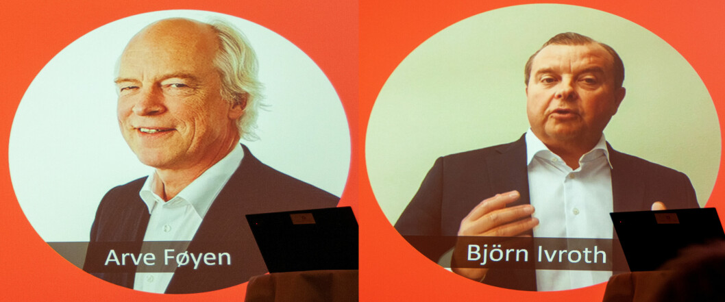 PÅ VIDEO: Prisvinneren Arve Føyen (til venstre) og Bjørn Ivroth leverte sine takketaler via video. (Ill.: Den norske dataforening)