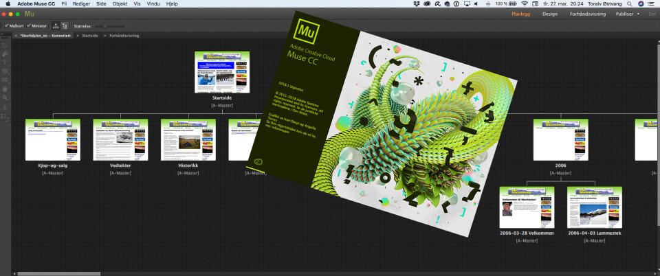 ADOBE MUSE: Slik er brukergrensesnittet i Adobe Muse. Her kan man lett lage nettsider uten å kunne kode. Innfelt er vignetten til siste Muse-versjon. (Skjermdump: Toralv Østvang) ADOBE MUSE: Slik er brukergrensesnittet i Adobe Muse. Her kan man lett lage nettsider uten å kunne kode. Innfelt er vignetten til siste Muse-versjon. (Skjermdump: Toralv Østvang)