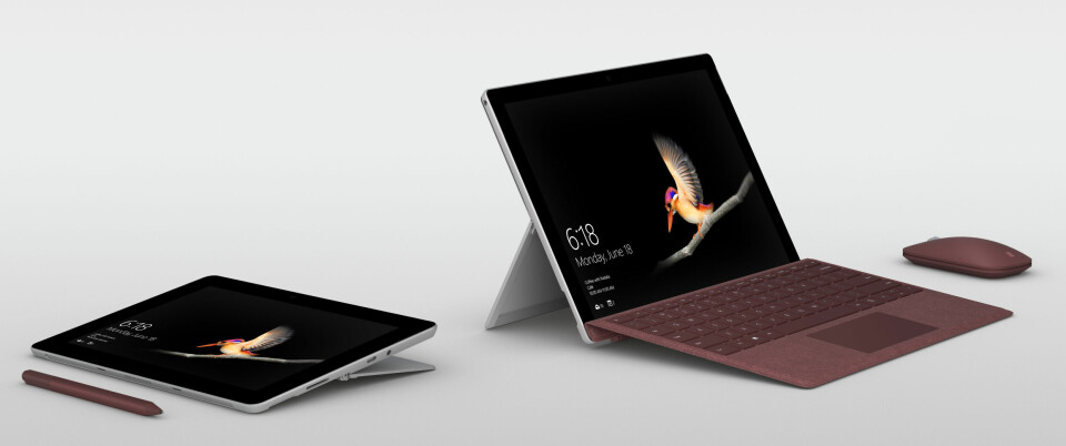 TO I ÉN: Microsoft Surface Go er hendig både som nettbrett og som bærbar pc. Men penn, mus og tastatur er ekstrautstyr. (Pressefoto: Microsoft)