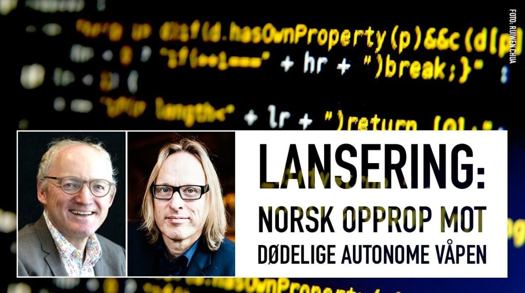 MOT AUTONOME VÅPEN: Norske og internasjonale forskere og akademikere, her representert ved britiske Toby Walsh og norske Morten Irgens, advarer mot utvikling og bruk av autonome dødelige våpen. (Foto: fra oppropets Facebook-side) MOT AUTONOME VÅPEN: Norske og internasjonale forskere og akademikere, her representert ved britiske Toby Walsh og norske Morten Irgens, advarer mot utvikling og bruk av autonome dødelige våpen. (Foto: fra oppropets Facebook-side)