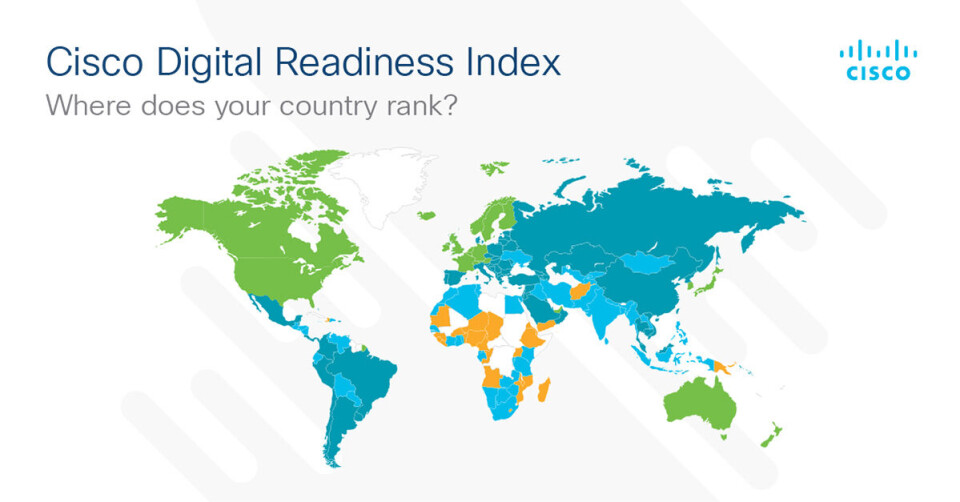 TOPP 10: I Ciscos ferske rapport havnet Norge på en 10. plass med en totalscore på 17,98. Singapore topper listen med en totalscore på 20,26, fulgt av Luxembourg (19,54) og USA (19,03). (Illustrasjon: Cisco)