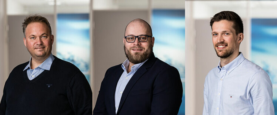 NYANSATTE: Marius Forsmo, Sindre Snoen og Trym Vembstad startet på teknisk avdeling i Data Equipment i mai. (Foto: Data Equipment)