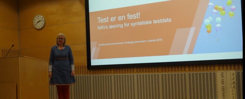 PRESENTASJON: Anne Worren, teamleder i Nav IT, beskriver løsningen som gjør test til en fest, og som vant Datatilsynest pris. (Skjermdump Datatilsynet) PRESENTASJON: Anne Worren, teamleder i Nav IT, beskriver løsningen som gjør test til en fest, og som vant Datatilsynest pris. (Skjermdump Datatilsynet)